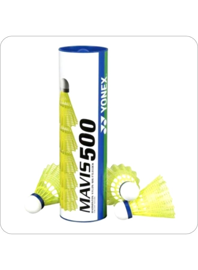 يونيكس كرات ريشة تنس الريشة Yonex Mavis 500 المصنوعة من النايلون الفائق، صناعة يابانية - عبوة من 6 كرات صفراء صناعية، تتميز بجناح عالي ومتانة فائقة، مناسبة للبطولات. - Image 1